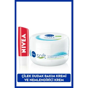 Soft Krem 300ml ve Çilek Nemlendirici Dudak Bakım Kremi 4.8gr, Hafif Kırmızı Işıltı, Doğal Yağlar