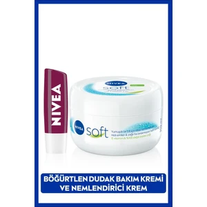 Soft Nemlendirici Vücut Kremi 300ml ve Böğürtlen Dudak Bakım Kremi 4.8gr, Bordo Işıltı, Doğal Yağlar