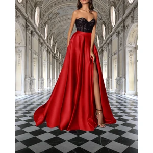 Kırmızı Yırtmaç Detaylı Saten A-Line Pileli Abiye Etek