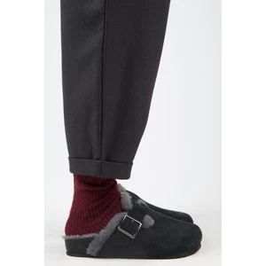 (Zeta 2 Kürklü ) Kadın Deri Kemerli Tokalı Sabo Antrasit Terlik