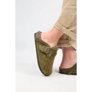 (Zeta 2 Kürklü ) Kadın Deri Kemerli Tokalı Sabo Haki Terlik