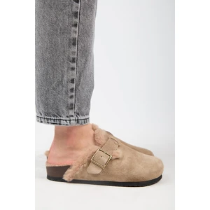 (Zeta 2 Kürklü ) Kadın Deri Kemerli Tokalı Sabo Vizon Terlik