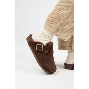 (Zeta 2 Kürklü ) Kadın Deri Kemerli Tokalı Sabo Kahve Terlik