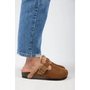 (Zeta 2 Kürklü ) Kadın Deri Kemerli Tokalı Sabo Taba Terlik