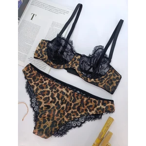 La Linaa Leopard Dantelli Balenli Kapsız Külotlu Sütyen Takım