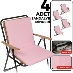 4'lü Sandalye Minderi Su Itici Kumaş 40X40 cm Sünger Sırtlıklı Sandalye Minderi Bağcıklı Pembe