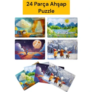 Çocuklar Için Eğitici ve Öğretici Ahşap 24 Parçalı 4 Adet Puzzle Yapboz Montessori Oyuncak Seti