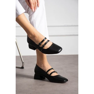 Kadın Kare Topuk Küt Burunlu Çift Bantlı Klasik Ofis Günlük Şık Topuklu Ayakkabı (36-44)