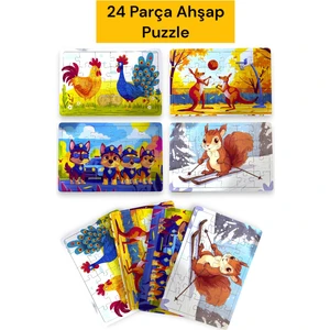 Çocuklar Için Eğitici ve Öğretici Ahşap 24 Parçalı 4 Adet Hayvanlar Puzzle Yapboz Montessori Oyuncak Seti
