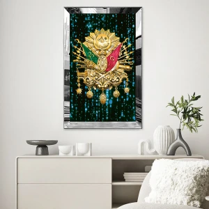 Zevahir Mobilya Dekorasyon Gold  Aynalı Pleksi Çerçeveli Mavi Parıltı Görüntüsü Osmanlı Arması Tablo