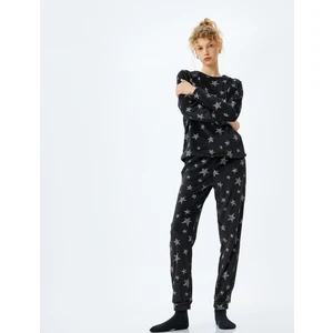 Yıldız Desenli Rahat Kalıp Uzun Kollu Kadife Pijama Altı