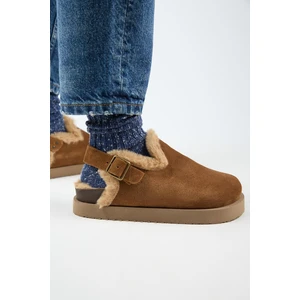 (Holly 2 Kürklü Platform) Kadın Hakiki Deri Kemerli Tokalı Sabo Taba Sandalet