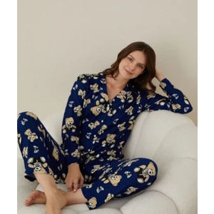 Gömlek Yaka Pamuklu Ayıcık Desen Kadın Pijama Takımı