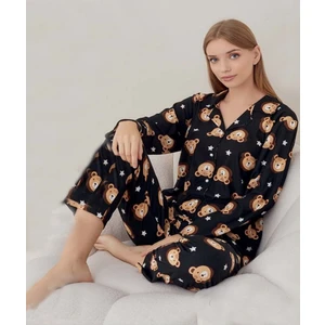 Gömlek Yaka Pamuklu Ayıcık Desen Kadın Pijama Takımı
