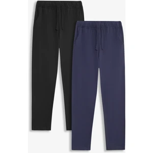 Elemge %100 Pamuk 2'li Premium Kumaş Pijama Altı Beli Regular Fit Lastikli Ipli Cepli Terletmez Esnek Siyah-Lacivert Erkek Rahat Kesim Eşofman Paket