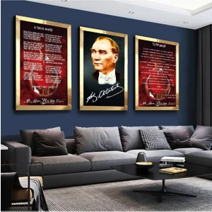 Zevahir Mobilya Dekorasyon Atatürk Istiklal Marşı ve Gençliğe Hitabe Gümüş Pleksi Kenar 3'lü Mdf Tablo Seti