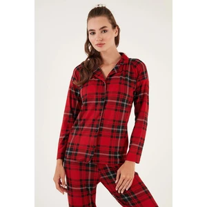 Gömlek Yaka Ekose Desen Süet Kadın Pijama Takımı