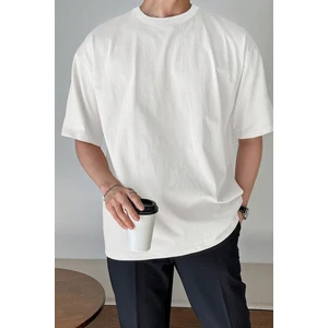 Erkek Beyaz Oversize Bisiklet Yaka %100 Pamuk Düz Basic Yazlık T-Shirt