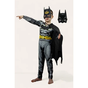 Batman Kaslı Çocuk Kostümü 2 Maskeli Siyah Pelerinli Maskeli Süper Kahraman Kaslı Kostümü