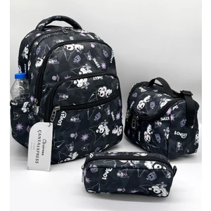 ilk Okul Çantası 3'lü Seti ilkokul Çantası Karakter Desenli Kız Çocuğu Kalemlik Sırt Çantası Siyah