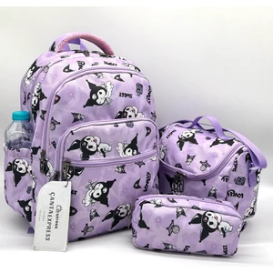 ilk Okul Çantası 3'lü Seti ilkokul Çantası Karakter Desenli Kız Çocuğu Kalemlik Sırt Çantası Lila