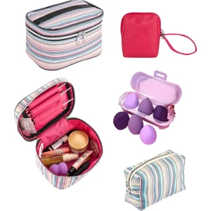 NS Reliable 4'lü Makyaj Organizeri Kozmetik Çanta Seti & 3'lü Makyaj Süngeri - Çizgi Desenli