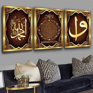 Zevahir Mobilya Dekorasyon 3'lü Kanvas 90 X 60 Cm 90 X 60 Cm Bereket Duası Elif Vav Dini Tablo