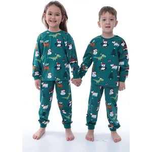 Isob Yeşil Yeni Yıl Desenli %100 Pamuk Kız ve Erkek Çocuk Pijama Takımı 8-13 Yaş 32228-Y