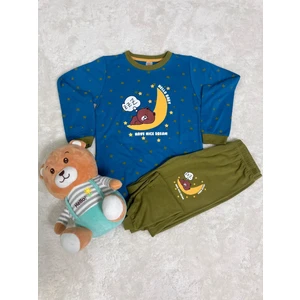Elmp Mavi Yeşil Uyuyan Ayıcık Desenli %100 Pamuk Erkek Çocuk Pijama Takımı 9-13 Yaş 3016/913