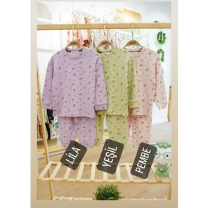 Isob Pembe Çıtır Çiçek Desenli Fitilli Kumaş %100 Pamuk Kız Çocuk Pijama Takımı 3-8 Yaş 31222-P
