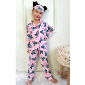 Pjkö Stitch Desenli Pembe Uzun Kollu Önden Düğmeli Kız Çocuk Pijama Takımı 4-12 Yaş 719U