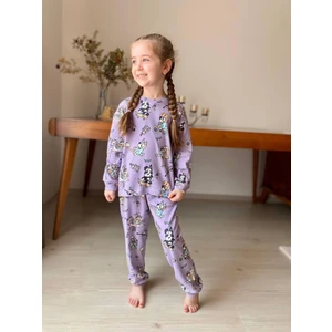 Isob Lila Bluey Desenli Fitilli Kumaş %100 Pamuk Kız Çocuk Pijama Takımı 3-8 Yaş 31221-L