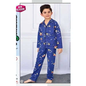 Pjk Kepçe Desenli Lacivert Uzun Kollu Önden Düğmeli Erkek Çocuk Pijama Takımı 4-12 Yaş 710U