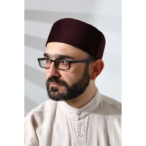 Bordo Petek Kareli Kadife Kalıp Namaz Takkesi