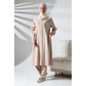 Kadın Bürümcük Kumaş Gizli Fermuarlı Ikili Takım Hac Umre Kıyafeti Krem