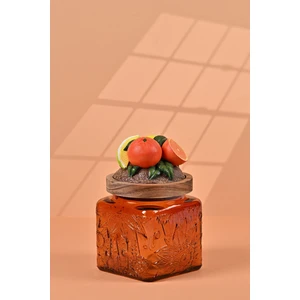 By Uzunoğlu El Yapımı Özel Tasarım Kavanoz - 500 ml - Vakumlu Ahşap Kapaklı (Portakal Detaylı) - Dark Amber Çiçekli Kare Cam - Mutfak ve Ev Dekorasyonu