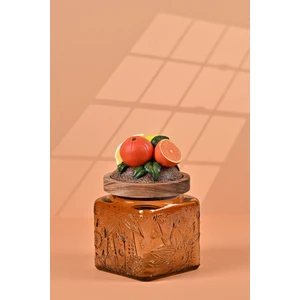 By Uzunoğlu El Yapımı Özel Tasarım Kavanoz - 500 ml - Vakumlu Ahşap Kapaklı (Portakal Detaylı) - Medium Amber Çiçekli Kare Cam - Mutfak ve Ev Dekorasyonu