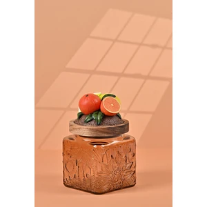 By Uzunoğlu El Yapımı Özel Tasarım Kavanoz - 500 ml - Vakumlu Ahşap Kapaklı (Portakal Detaylı) - Light Amber Çiçekli Kare Cam - Mutfak ve Ev Dekorasyonu