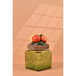 By Uzunoğlu El Yapımı Özel Tasarım Kavanoz - 500 ml - Vakumlu Ahşap Kapaklı (Portakal Detaylı) - Yeşil Çiçekli Kare Cam - Mutfak ve Ev Dekorasyonu