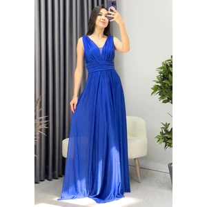 The ZKS Kadın Sıfır Kol Transparan Detay Abiye Elbise Zümrüt Yeşil, Gold, Gri, Beyaz, Siyah, Saks, Koyu Lila, Gül Kurusu, Lila, Mor