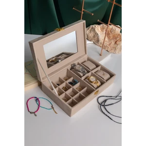 Aynalı Ekru Fitilli Kadife Mücevher, Organizer, Takı Kutusu 25 X 16 X 7 cm