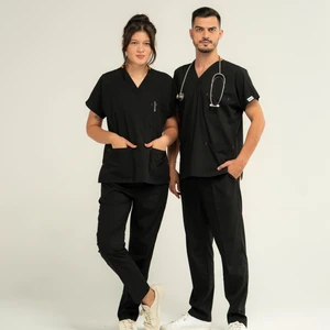 Boskami Medikal Core Flex Lüks Likralı Unısex Siyah Altüst Doktor Hemşire Uniforma Scrubs