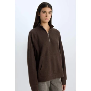 Oversize Geniş Kalıp Basic Düz Kanguru Cepli Fermuarlı Polo Yaka Sweatshirt E0741AX24WN