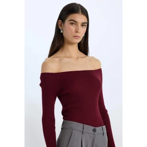 Fitted Açık Omuz Basic Düz Bordo Triko Kazak E0314AX24WN