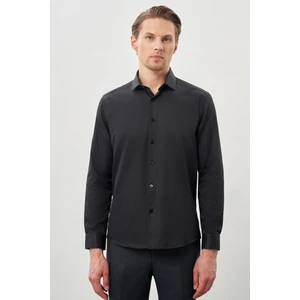 Siyah Uzun Kol Düz Bez Ayağı Yarım İtalyan Yaka Cepsiz Pamuklu Classic Slim Fit Gömlek 1004245268