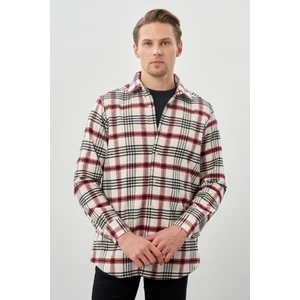 Açık Krem Yünlü Ekose Desen Yumuşak Yaka Cepsiz Uzun Kol Casual Comfort Fit Gömlek 1004245227