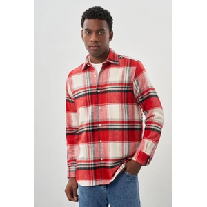 Koyu Kırmızı Yünlü Ekose Desen Yumuşak Yaka Cepsiz Uzun Kol Casual Comfort Fit Gömlek 1004245227