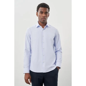 Koyu Mavi Uzun Kol Armürlü Sert Yaka Cepsiz Pamuklu Classic Slim Fit Gömlek 1004245226