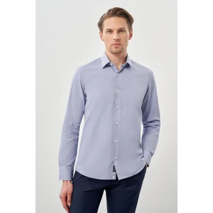 Koyu Lacivert Uzun Kol Armürlü Sert Yaka Cepsiz Pamuklu Classic Slim Fit Gömlek 1004245226