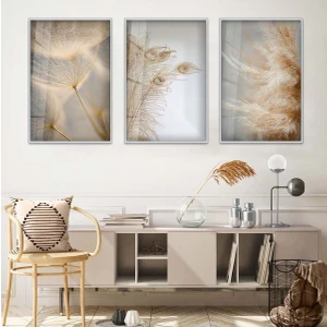 Zevahir Mobilya Dekorasyon KURUTULMUŞ ÇİÇEK 3'LÜ METAL ÇERÇEVELİ CAM TABLO SETİ